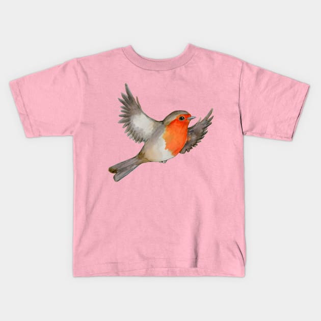 A watercolor drawing of a flying robin Kids T-Shirt by Bwiselizzy